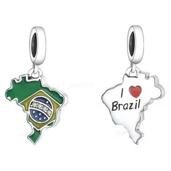 Charm Sterlingsilber 925 Brasilien Flagge - schwingende Karte, Anhänger für Armband Reisen