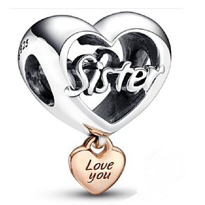Sterling Silber 925 Herz und Inschrift Ich liebe dich Schwester - Love you Sister, Perle für Armband Familie