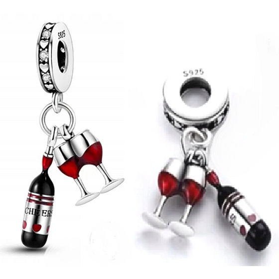 Sterling Silber 925 I love wine - Flasche + Gläser, 2in1, Anhänger für Armband, Essen und Trinken