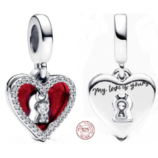 Charms Sterling Silber 925 Rotes Herz mit Schlüsselloch 2in1, Liebesarmband Anhänger