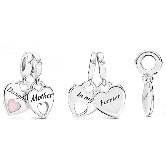 Sterling Silber 925 Herz-Anhänger Mutter und Tochter - Doppelherz, 2in1 Anhänger für Armband Familie