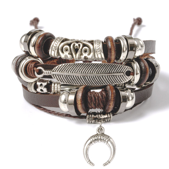 Mehrschichtiges Lederarmband, Feder + Mondsichel-Symbol, größenverstellbar