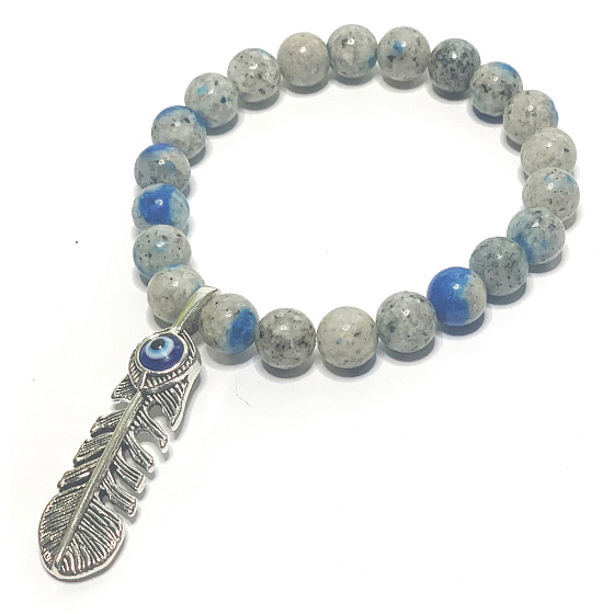 K2 Azurit in Granit + Blaues Auge in Federarmband elastische Natursteinkugel 8 mm / 16 - 17 cm