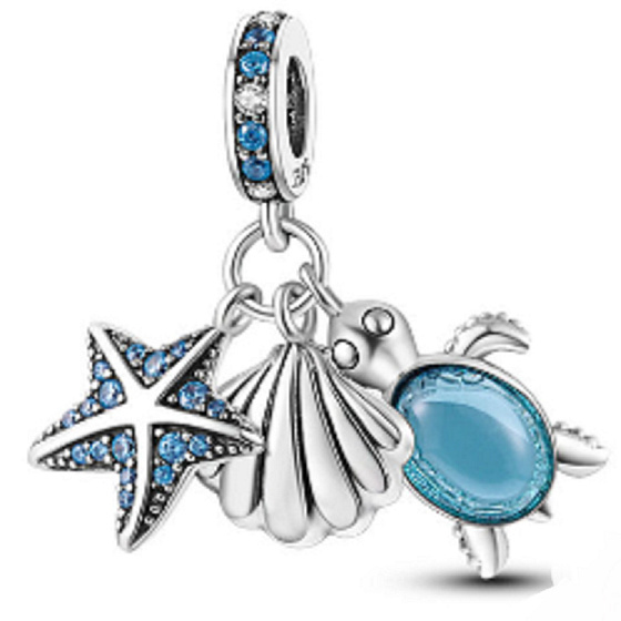 Charm Sterlingsilber 925 Meeresschildkröte, Seestern und Muschel 3-in-1, Anhänger für Meeresarmband