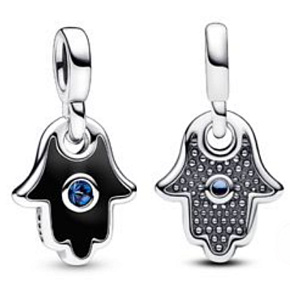 Charms Sterling Silber 925 Hand der Fatima, Hamsa - Mini Medaillon mit blauem Kristall und schwarzem Emaille, Anhänger für Armband Symbol