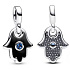 Charms Sterling Silber 925 Hand der Fatima, Hamsa - Mini Medaillon mit blauem Kristall und schwarzem Emaille, Anhänger für Armband Symbol