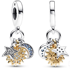 Sterling Silber 925 Himmels-Charm mit Zirkonia, Sonne, Stern, Mondsichel, 3in1 Universum Armband-Anhänger