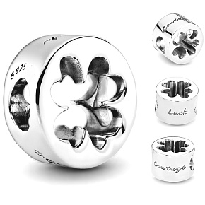 Charms Sterling Silber 925 Ausgeschnittenes vierblättriges Kleeblatt - Glück und Mut, Perle für Armband natur
