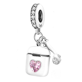 Sterling Silber 925 Airpods Kopfhörer mit rosa Herz, 2in1-Anhänger Armband Interessen