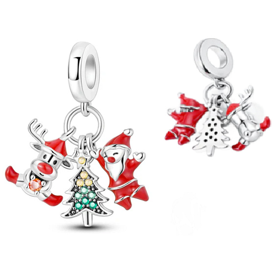 Charm Sterlingsilber 925 Rentier, Nikolaus und Baum 3-in-1, Anhänger für Armband Weihnachten