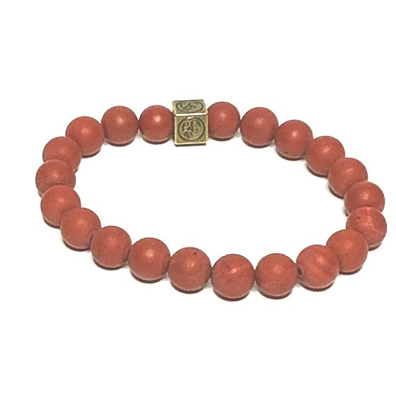 Jaspis rot matt mit königlichem Mantra Ohm-Armband elastischer Naturstein, Kugel 8 mm / 16-17 cm, Vollpflegestein