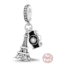 Sterling Silber 925 Paris Eiffelturm + Kamera, Grüße aus Frankreich, 2in1 Reisearmband Anhänger Sterling Silber 925 Paris Eiffelturm + Kamera, Grüße aus Frankreich, 2in1 Reisearmband Anhänger