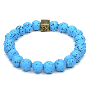 Lava hellblau mit königlichem Mantra Om, Armband elastisch Naturstein, Kugel 8 mm / 16-17 cm, geboren von den vier Elementen