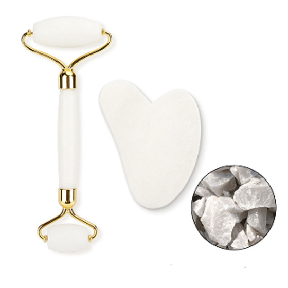 Quarz Gua Sha 5 x 8 cm + Massagerolle 14 x 5,5 cm reduziert Falten, Schwellungen, verbessert die Elastizität der Haut, Set ohne Verpackung