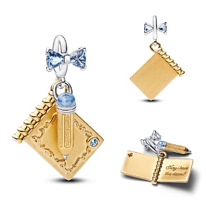 Charm Zlatá kniha s tužkou a mašlí, 2v1 přívěsek na náramek, symbol snů, psaní a nových začátků