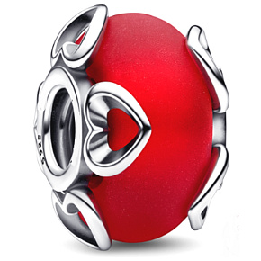 Charme Sterling Silber 925 Mattes rotes Herz mit Murano-Herzen, Liebesperle am Armband