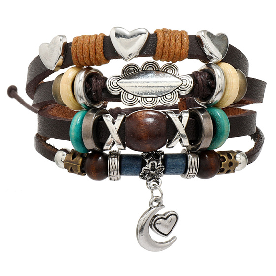 Mehrlagiges Lederarmband, Halbmond + Herzsymbol, größenverstellbar