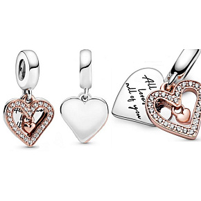 Charms Sterling Silber 925 Herz Funkelnder Pfau Herz Vergoldet in Rose 2in1, Anhänger Armband Liebe