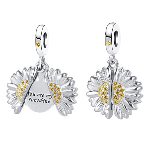 Sterling Silber 925 Blühende Sonnenblume mit Aufschrift - Du bist mein Sonnenschein, aufklappbarer Armband-Anhänger Liebe
