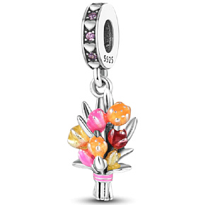 Charm Sterling Silber 925 Blumenstrauß, Tulpen, Natur Armband Anhänger