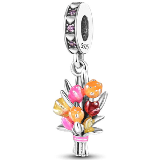 Charm Sterling Silber 925 Blumenstrauß, Tulpen, Natur Armband Anhänger