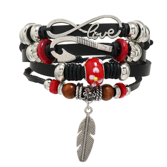 Mehrlagiges Lederarmband, Symbol Feder + Anker + Unendlichkeit, größenverstellbar