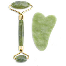Serpentine Gua Sha 4,3 x 7,1 cm + Massagerolle 14 x 5,5 cm reduziert Falten, Schwellungen, verbessert die Hautelastizität, Set ohne Verpackung