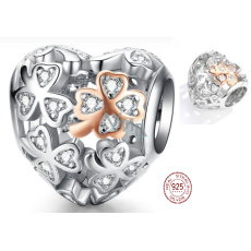Charms Sterling Silber 925 Geliebtes vierblättriges Kleeblatt als Glücksbringer, Perlenherz am Liebesarmband