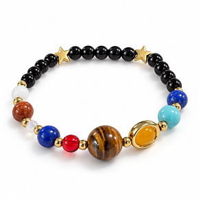 Das Universum in Ihrer Hand – planetarisches Armband mit Tigerauge, Saturn und Sternen, elastisch 16 - 17 cm Das Universum in Ihrer Hand – planetarisches Armband mit Tigerauge, Saturn und Sternen, elastisch 16 - 17 cm