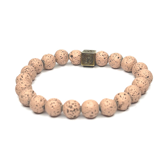 Lava Lachs mit königlichem Mantra Om, Armband elastischer Naturstein, Kugel 8 mm / 16-17 cm, geboren aus den vier Elementen