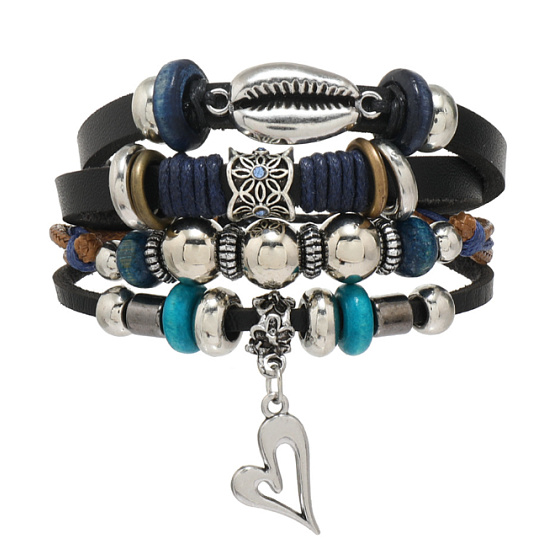 Mehrschichtiges Lederarmband, Kaurimuschelsymbol + Herz, größenverstellbar