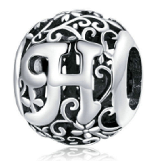 Magic Alphabet Buchstabe H, Silber, mit Blumen, Armbandanhänger 9 mm
