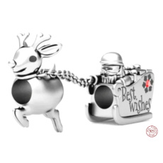 Charm Sterling Silber 925 Santa und Rudolph auf einem Schlitten, Perle auf einem Armband Weihnachten
