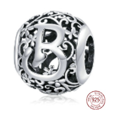 Sterling Silber 925 Magic Alphabet Buchstabe B mit Blumen, Perle für Armband
