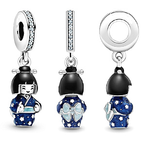 Sterling Silber 925 Japanische Puppe, Theater des Lebens, Reise-Armband-Anhänger