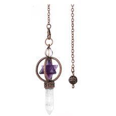 Amethyst Merkaba Pendel + Klarquarz + Bronze, Natursteinanhänger 7,7 cm, Kette ca. 26,5 cm