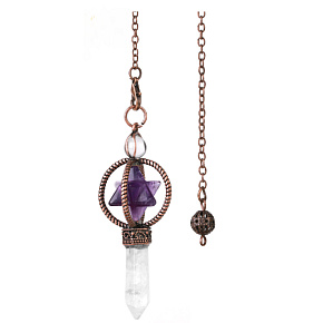 Amethyst Merkaba Pendel + Klarquarz + Bronze, Natursteinanhänger 7,7 cm, Kette ca. 26,5 cm