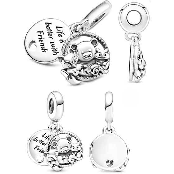 Charms Sterling Silber 925 Teddybär, Fuchs und Eichhörnchen 2in1, Freundschaftsarmband-Anhänger