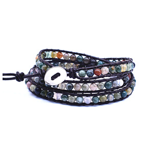 Achat Indianer Lederarmband braun Naturstein Wrap Hand gestrickt Perle 4 mm / 34 + 5 cm cm, Verschluss, fügt Rückstoß und Stärke