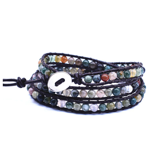 Achat Indianer Lederarmband braun Naturstein Wrap Hand gestrickt Perle 4 mm / 34 + 5 cm cm, Verschluss, fügt Rückstoß und Stärke