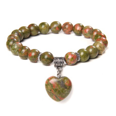 Unakite + Herz-Armband elastischer Naturstein, 8 mm / 19 cm, Stein des persönlichen Wachstums und der Vision