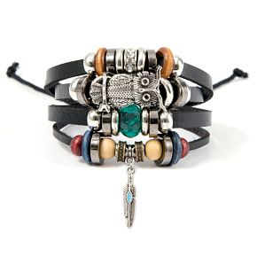 Mehrschichtiges Lederarmband, Eule + Federsymbol, größenverstellbar