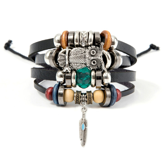 Mehrschichtiges Lederarmband, Eule + Federsymbol, größenverstellbar