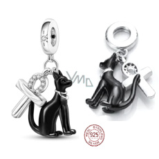 Charm Sterling Silber 925 Schwarz Ägyptische Katze und Ankh Charm, Anhänger am Armreif Symbol