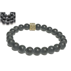 Achat schwarz matt mit königlichem Mantra Ohm-Armband elastischer Naturstein, Kugel 8 mm / 16-17 cm, gibt Mut und Kraft