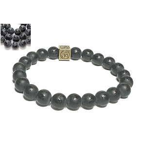 Achat schwarz matt mit königlichem Mantra Ohm-Armband elastischer Naturstein, Kugel 8 mm / 16-17 cm, gibt Mut und Kraft