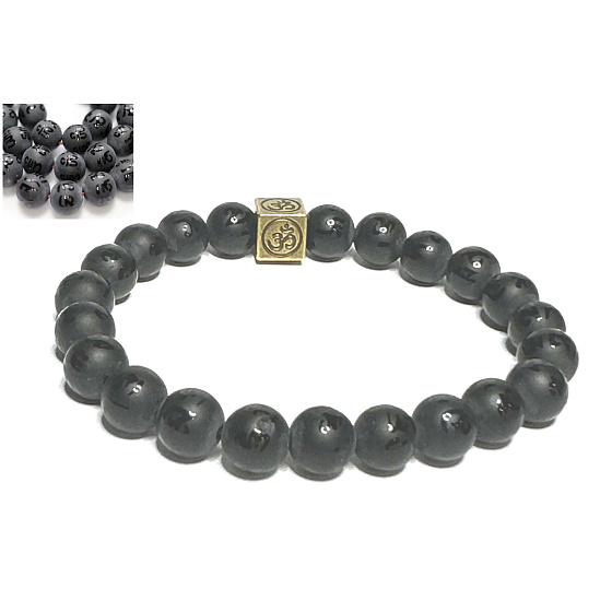 Achat schwarz matt mit königlichem Mantra Ohm-Armband elastischer Naturstein, Kugel 8 mm / 16-17 cm, gibt Mut und Kraft