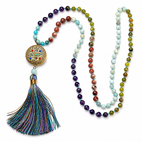 108 Mala 7 Chakra Halskette, Meditationsschmuck, Naturstein, geknüpft, Quaste 9 cm, Perle 6+8 mm