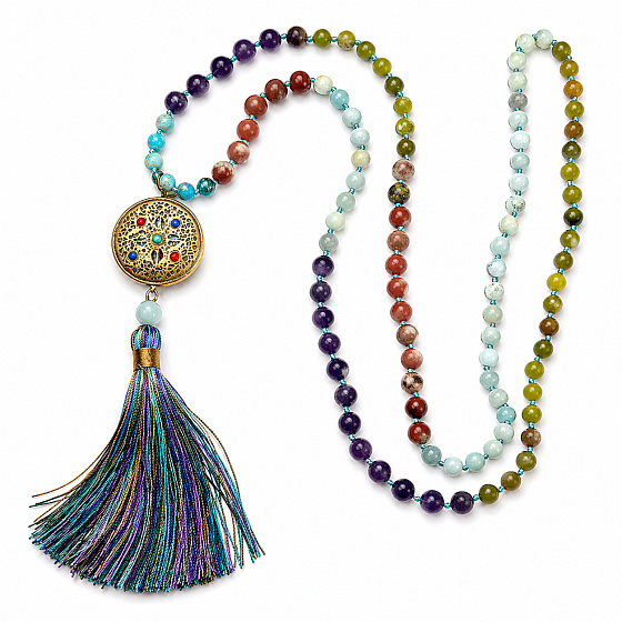 108 Mala 7 Chakra Halskette, Meditationsschmuck, Naturstein, geknüpft, Quaste 9 cm, Perle 6+8 mm