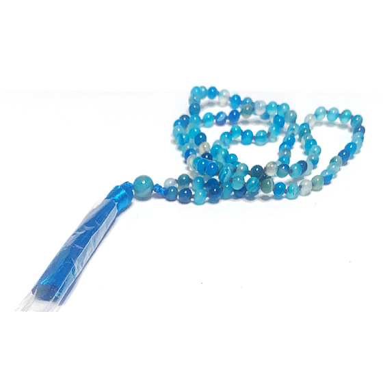 108 Mala Achat blau Halskette, Meditationsschmuck, Naturstein, elastisch, Quaste 8 cm, Perle 6mm